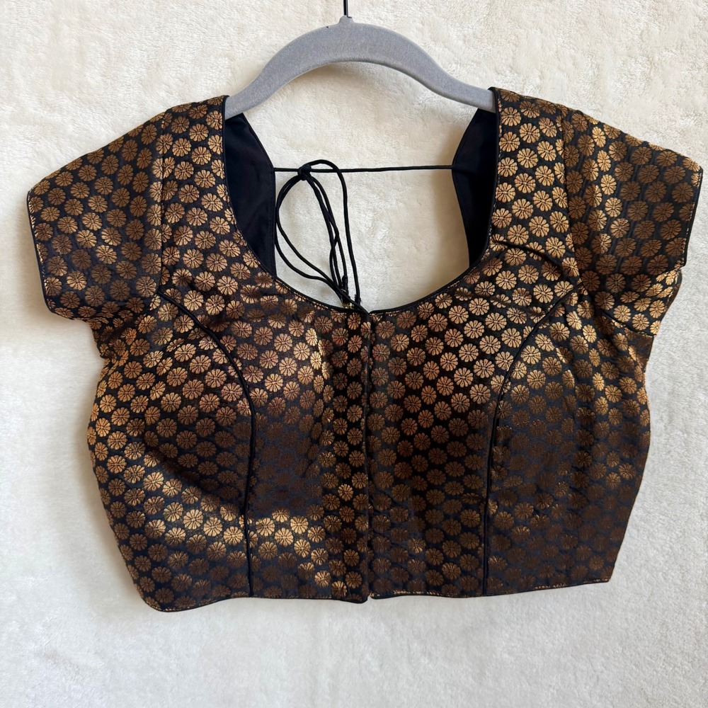 Rinkoo Black Gold Brocade Saree Blouse Choli Bollywood Crop Top Sz 34
